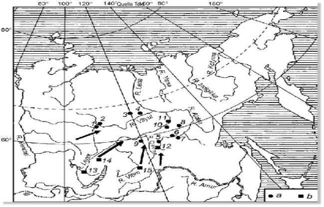 1 - Ust-Chirkuo I; 2 - Ulakhan-Ediek I und II; 3 - Syangda; 4 - Khotu-Tuulaakh;5 - Ust-Chuga II; 6 - Sumnaghin II; 7 - Ughino I; 8 - Tangha I; 9 - Ulakhan-Segelennyakh; 10 - Khongsuor; 11- Nemyugyuntsy; 12 - Aldakai I; 13 - Ust-Chikaltui-1; 14 - Ust-Minya